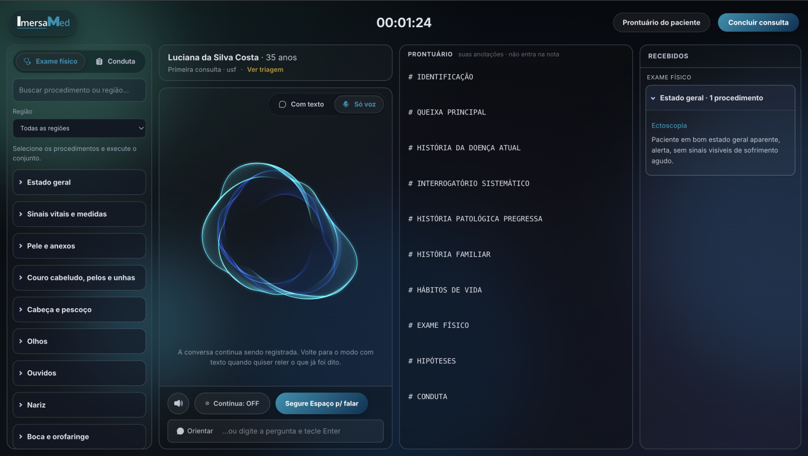 Tela de simulação clínica apresentada no computador