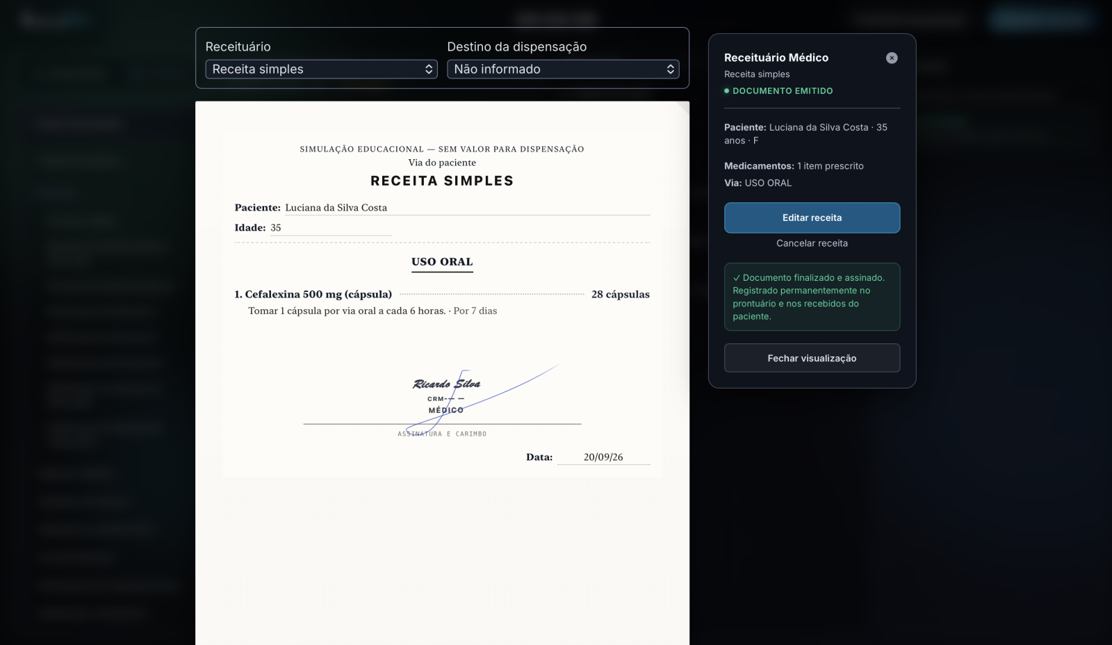 Receita emitida na consulta simulada, com posologia, assinatura e carimbo